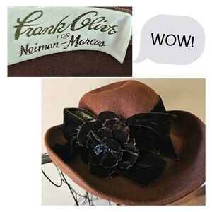 Vintage Frank Olive for Neiman Marcus Brown Wool Felt Hat w/ Velvet Flower Bow